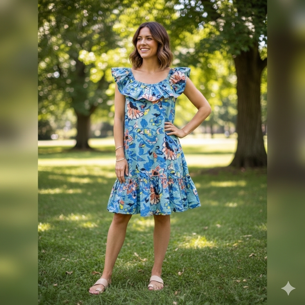 Cleobella Organic Cotton Floral Ruffle Halter Mini Dress Blue Size M